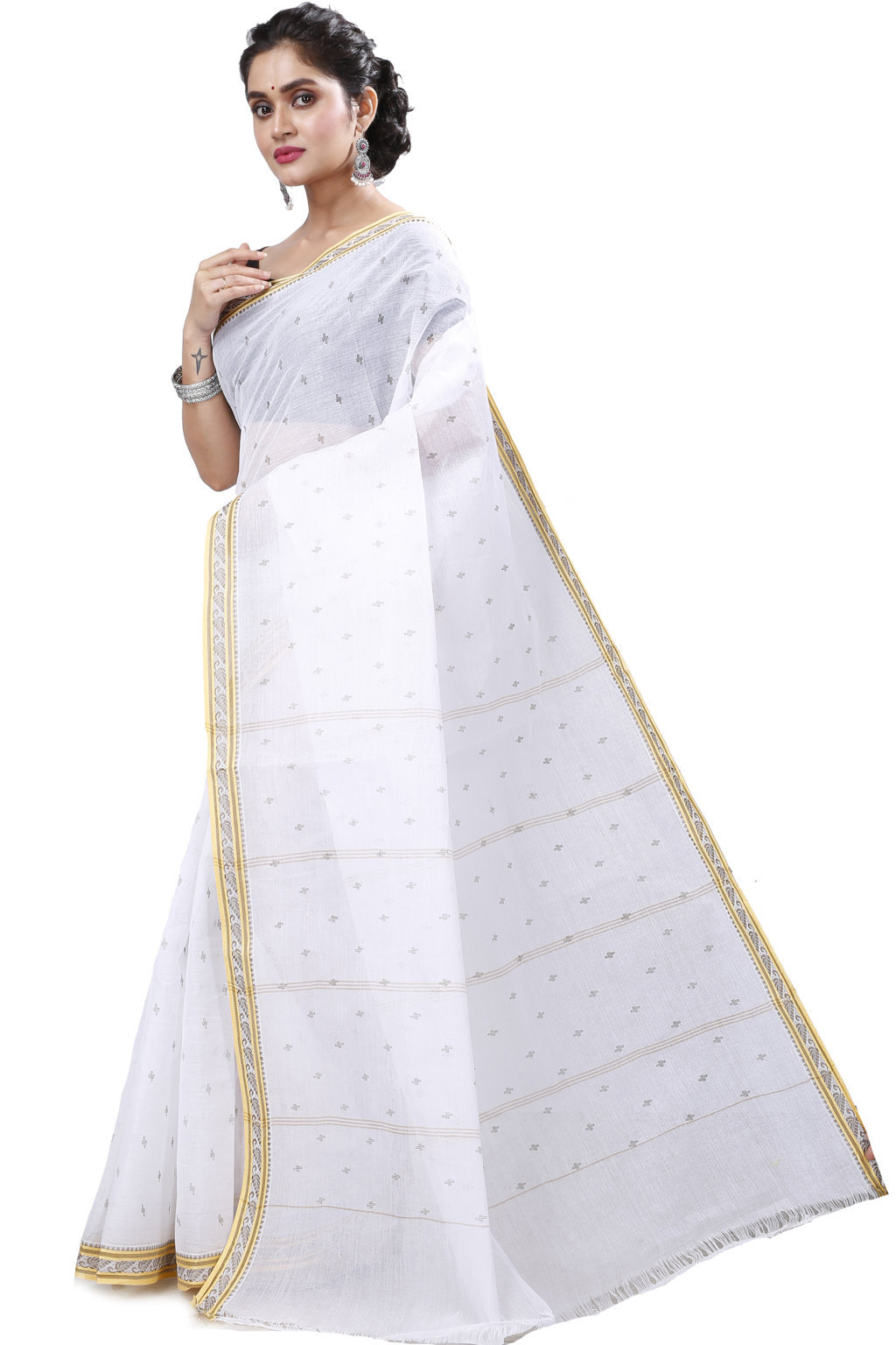 White Golden Pure Cotton Regina Tant Saree (988)